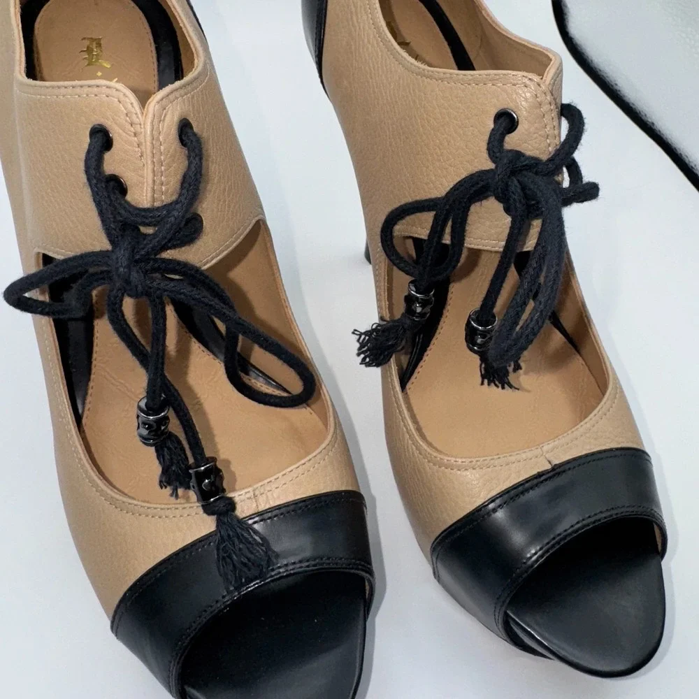 L.A.M.B. Chiba Platforms Womens US 9M Tan Black‎ Leather Stiletto Heel G1121